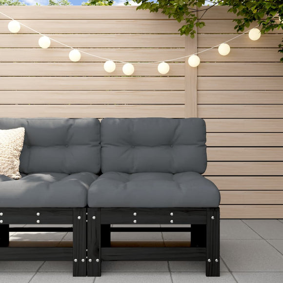 NNEVL Middle Sofa with Cushions Black Solid Wood Pine