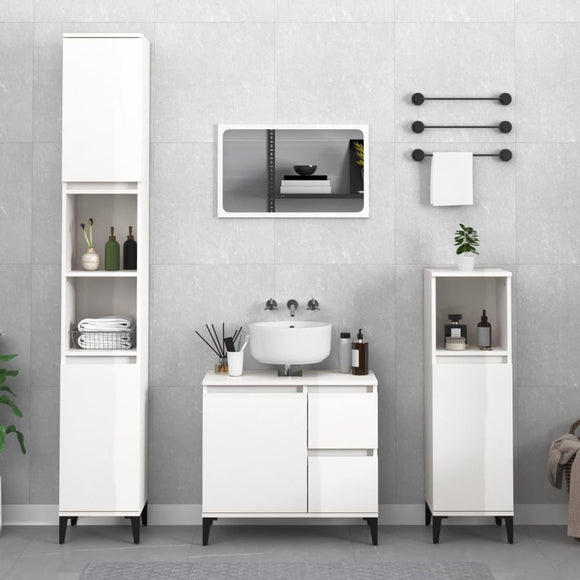 NNEVL 3 Piece Bathroom Cabinet Set High Gloss White Engineered Wood