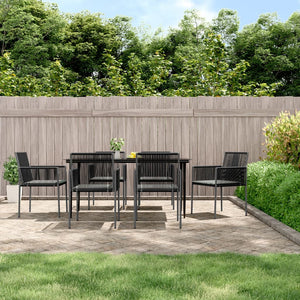 NNEVL 7 Piece Garden Dining Set with Cushions Black Poly Rattan and Steel