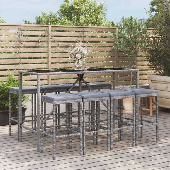 NNEVL 9 Piece Garden Bar Set with Cushions Grey Poly Rattan