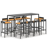 NNEVL 11 Piece Garden Bar Set Black Poly Rattan& Solid Wood Acacia