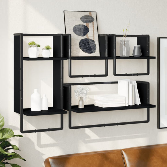 NNEVL 4 Piece Wall Shelf Set with Bars Black Engineered Wood