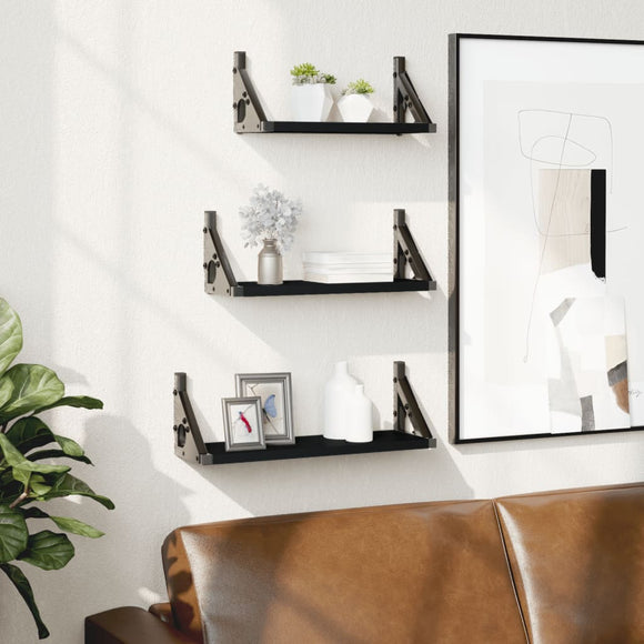 NNEVL 3 Piece Wall Shelf Set Black Engineered Wood