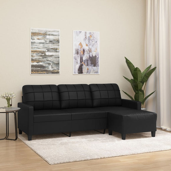 NNEVL 3-Seater Sofa with Footstool Black 180 cm Faux Leather