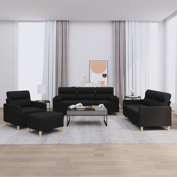 NNEVL 4 Piece Sofa Set with Pillows Black Fabric