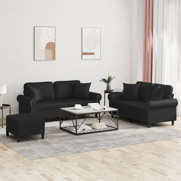 NNEVL 3 Piece Sofa Set with Pillows Black Faux Leather