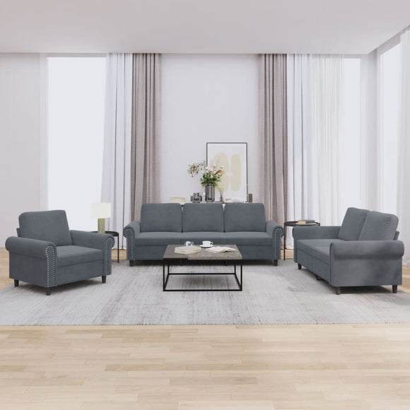 NNEVL 3 Piece Sofa Set with Cushions Dark Grey Velvet
