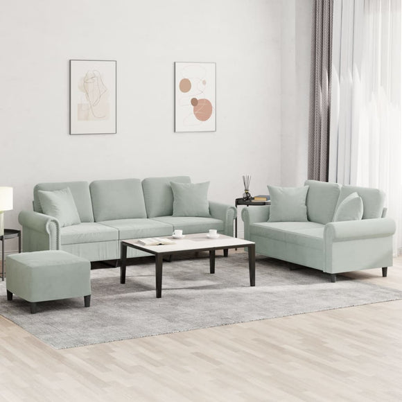 NNEVL 3 Piece Sofa Set with Pillows Light Grey Velvet