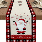 NNETM Seasonal Winter Holiday Table Runner - Red and Black Buffalo Check Plaid with Santa Claus & Snowflake Patterns