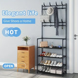 Multifunctional Free-Standing Coat and Shoe Rack Organizer with Storage Shelves and Hooks