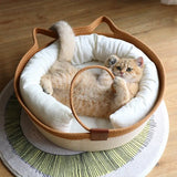 NNETM Cat Ear Shape Thickened Woven Cat Scratching Board Pet Bed - Khaki White