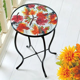 NNETM Outdoor Mosaic Side Table with Printed Maple Leaf Glass Top