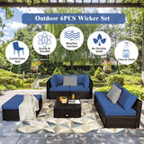 NNECW 6-Piece Patio Rattan Sofa Set with Washable Cushion Cover for Backyard & Poolside Blue