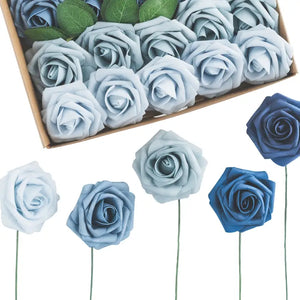NNETM 25-Piece Soft-Touch Foam Artificial Rose Flowers - Five Shades of Blue