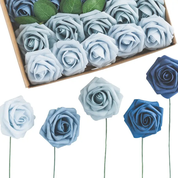 NNETM 25-Piece Soft-Touch Foam Artificial Rose Flowers - Five Shades of Blue