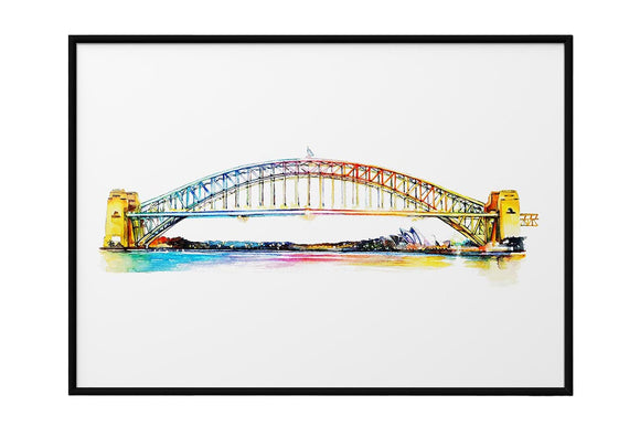 NNEKG Sydney Harbour Bridge Painting Australian Wall Art B1 Black Frame (70 x 100)