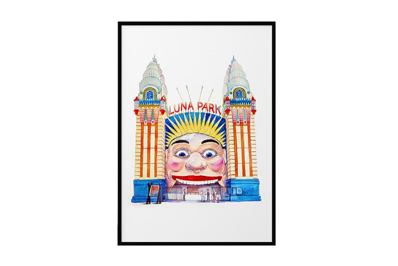 NNEKG Luna Park Sydney Painting Landmark Wall Art B1 Black Frame (70 x 100)