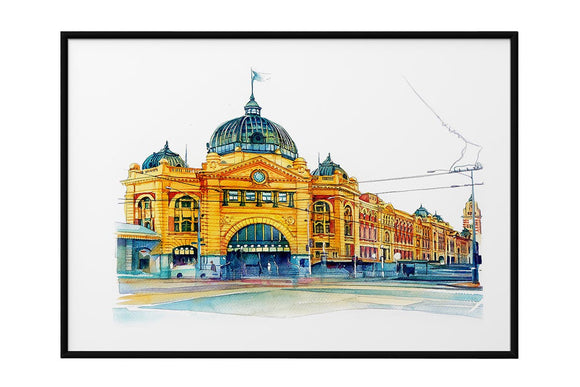 NNEKG Flinders St Station Melbourne Painting Art A1 Black Frame (84 x 59)