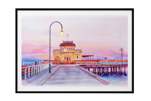 NNEKG St Kilda Pier Watercolour Painting Melbourne Art B1 Black Frame (70 x 100)