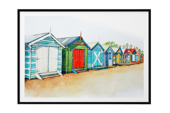 NNEKG Brighton Beach Boxes Painting Melbourne Wall Art B1 Black Frame (70 x 100)