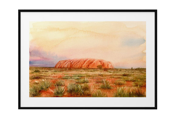 NNEKG Uluru Watercolour Painting Australian Wall Art B1 Black Frame (70 x 100)