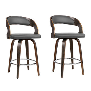 NNEDSZ Set of 2 Walnut Wooden PU Leather Bar Stools - Grey and Walnut
