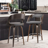 NNEDSZ Set of 2 Walnut Wooden PU Leather Bar Stools - Grey and Walnut