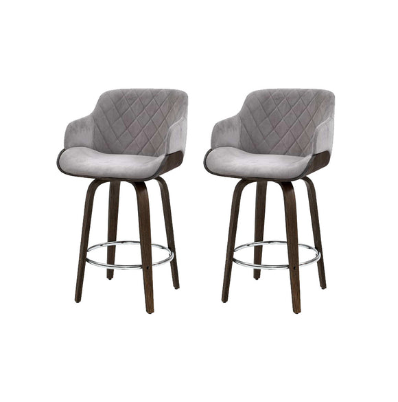 NNEDSZ 2x Kitchen Bar Stools Wooden Bar Stool Chairs Swivel Velvet Fabric Grey