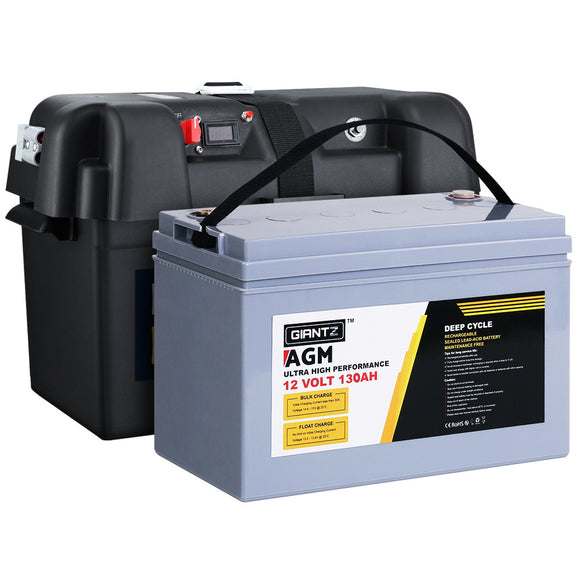 NNEDSZ 130Ah Deep Cycle Battery & Battery Box 12V AGM Marine Sealed Power Solar