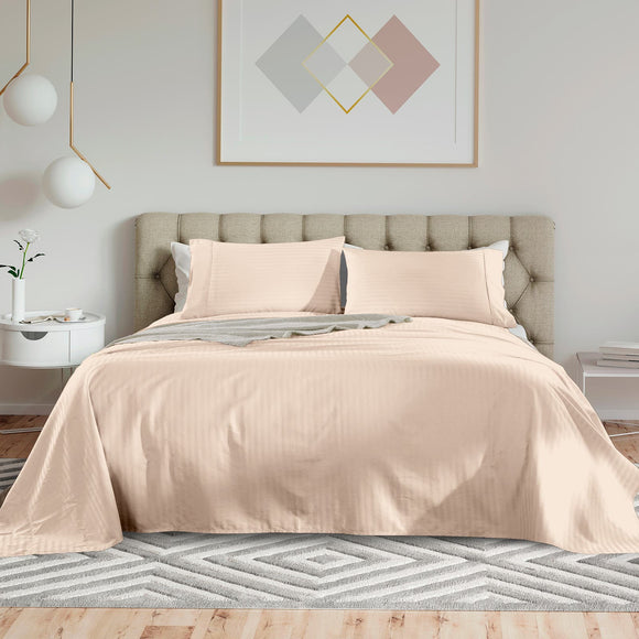 NNEKG Royal Comfort 1200TC 100% Cotton Stripe Bed Sheet Set (Double Pale Pink)