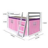 NNEMB Wooden Kids Single Loft Bed Frame-Hiding Space Underneath with Interchangeable Pink and Blue Curtains