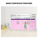 NNEMB Wooden Kids Single Loft Bed Frame-Hiding Space Underneath with Interchangeable Pink and Blue Curtains