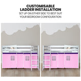 NNEMB Wooden Kids Single Loft Bed Frame-Hiding Space Underneath with Interchangeable Pink and Blue Curtains