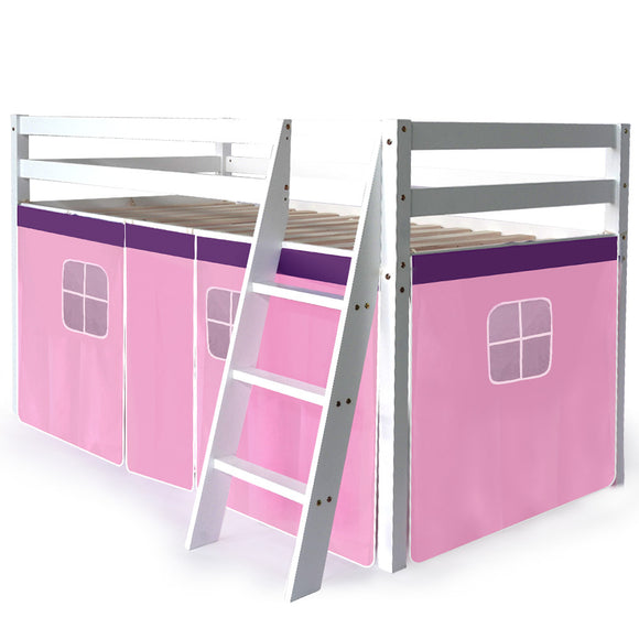 NNEMB Wooden Kids Single Loft Bed Frame-Hiding Space Underneath with Interchangeable Pink and Blue Curtains