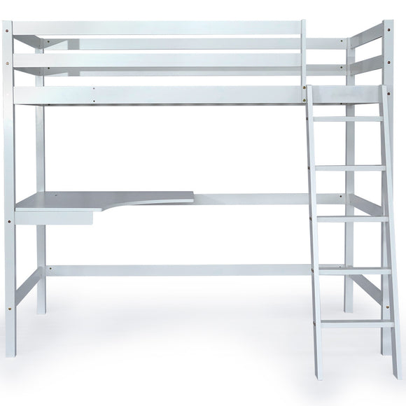 NNEMB Wooden Kids Single Loft Bed Frame with Desk-White