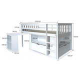 NNEMB Wooden Kids Single Loft Bed Frame with Pull Out Desk-Storage Drawers-White