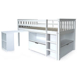 NNEMB Wooden Kids Single Loft Bed Frame with Pull Out Desk-Storage Drawers-White