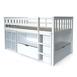 NNEMB Wooden Kids Single Loft Bed Frame with Pull Out Desk-Storage Drawers-White