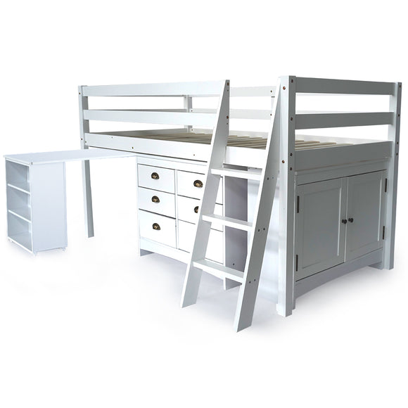 NNEMB Wooden Kids Single Loft Bed Frame with Pull Out Desk-Storage Drawers-Cabinet-White