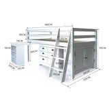 NNEMB Wooden Kids Single Loft Bed Frame with Pull Out Desk-Storage Drawers-Cabinet-White