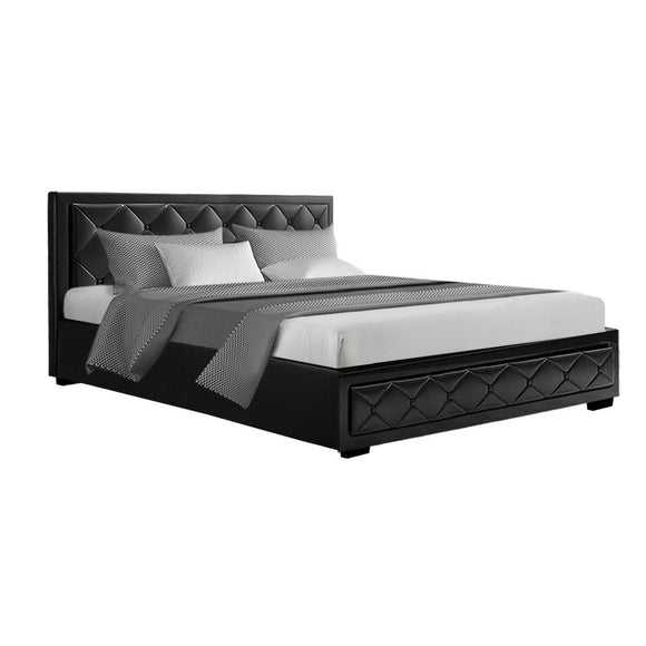 NNEDSZ Tiyo Bed Frame PU Leather Gas Lift Storage - Black Queen