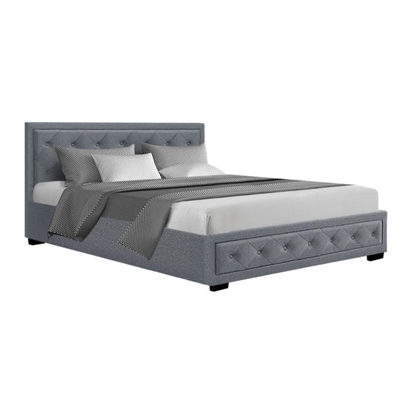 NNEDSZ Tiyo Bed Frame Fabric Gas Lift Storage - Grey Queen