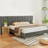NNEDSZ Bed Frame King Size Bed Base w Oversized Headboard Velvet Fabric Grey