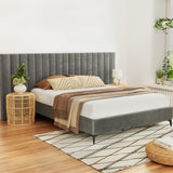 NNEDSZ Bed Frame Queen Size Bed Base w Oversized Headboard Velvet Fabric Grey