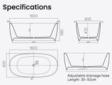 NNEMB 1600x800x580 Bathtub Matte White Oval Shaped Freestanding Acrylic