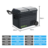 NNEMB 55L Dual Zone Portable Fridge Freezer with onboard Lithium Battery-12V/24V/240V-with 2 Doors-Wheels-for Camping-Car-Outings