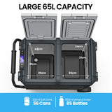 NNEMB 65L Dual Zone Portable Fridge Freezer with onboard Lithium Battery-12V/24V/240V-with 2 Doors-Wheels-for Camping-Car-Outings