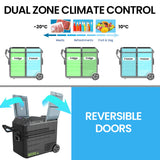 NNEMB 65L Dual Zone Portable Fridge Freezer with onboard Lithium Battery-12V/24V/240V-with 2 Doors-Wheels-for Camping-Car-Outings