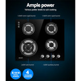 NNEDSZ Gas Cooktop 60cm 4 Burner Ceramic Glass Cook Top Stove Hob Cooker LPG NG Black