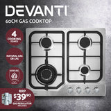 NNEDSZ Gas Cooktop 60cm Gas Stove Cooker 4 Burner Cook Top Konbs NG LPG Steel